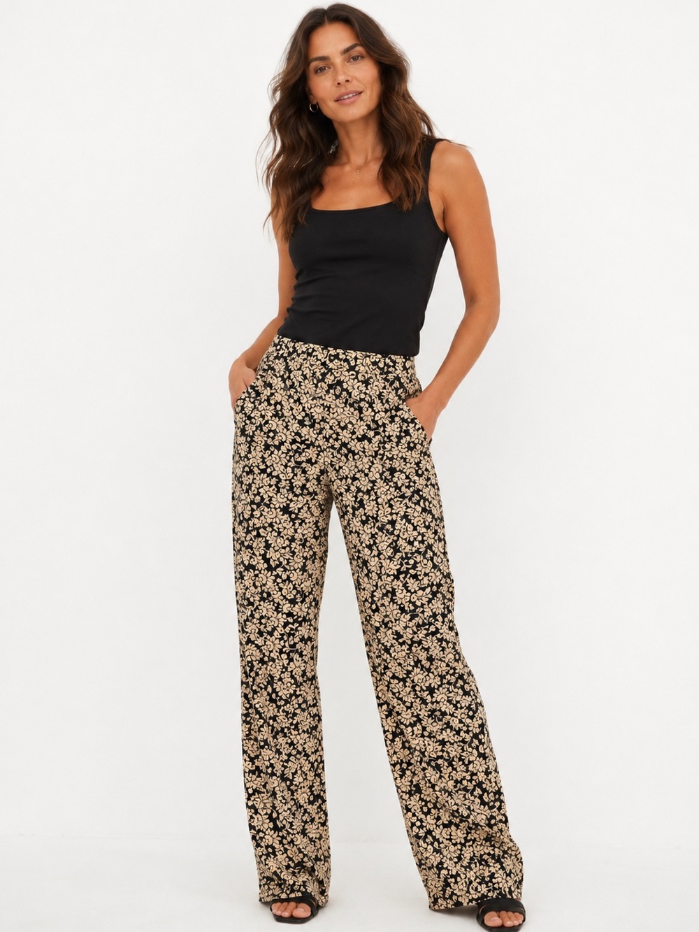 Ann Taylor Black and Tan Floral Print Straight Leg Pants Size 10